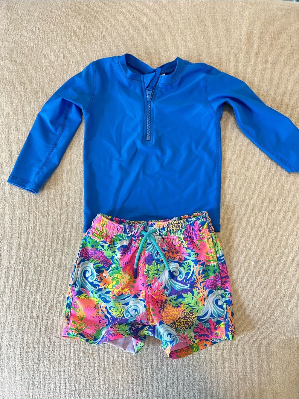 Kids Blue Rash Guard with Multicolor Coral-Print Swim Trunks